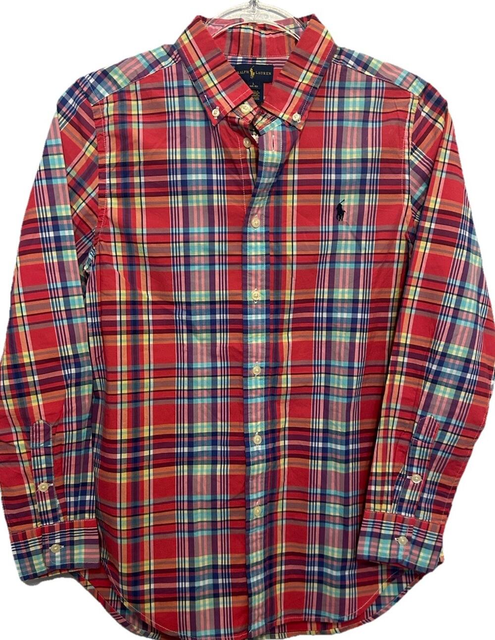Polo Ralph Lauren Boys L Plaid Button Up Shirt Red Blue Checkered Preppy Church